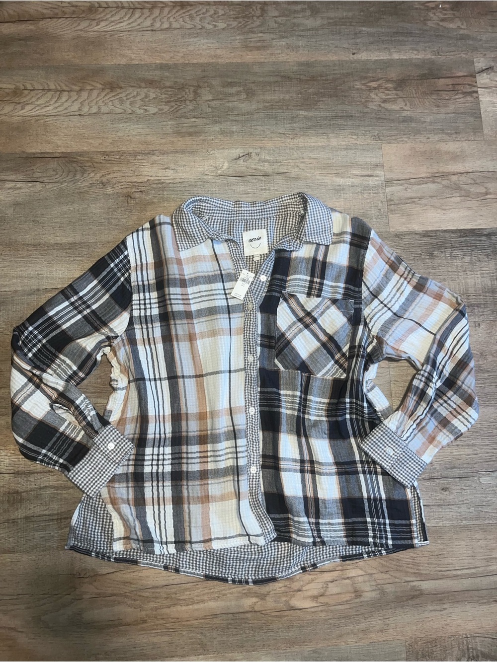 Aerie NWT Plaid Button-Front Shirt - White, Black & Brown